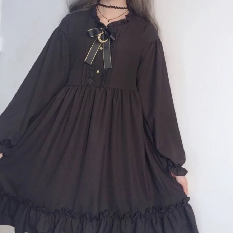 Japansk Sort Gotisk Chiffon Kjole Kvinder Vintage Bue Bandage Blonder Flæser Party Kjoler Vestidos Pige Sød Langærmet Kjole