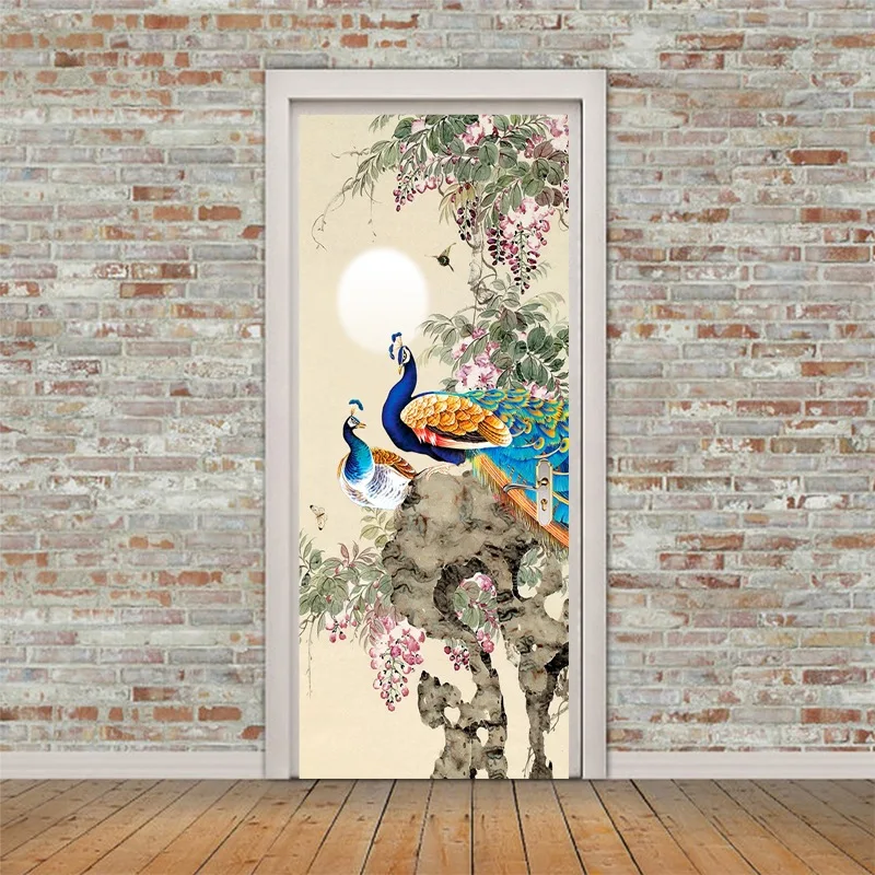 Døren Mærkat 3D Peacock Kunst, oliemaleri Vægmaleri Stue, Soveværelse PVC selvklæbende Dør Dekoration Tapet