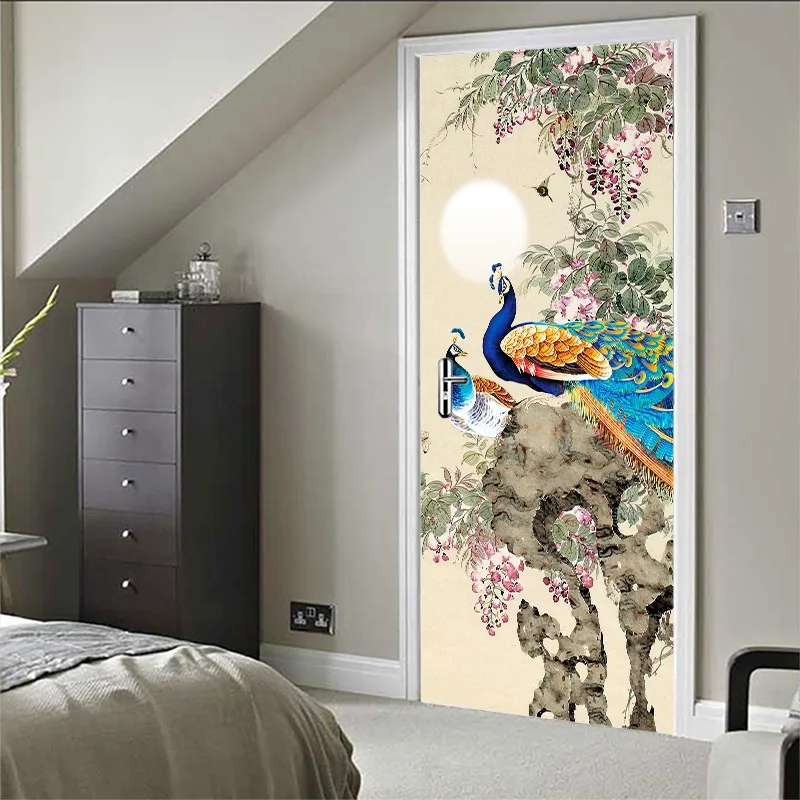 Døren Mærkat 3D Peacock Kunst, oliemaleri Vægmaleri Stue, Soveværelse PVC selvklæbende Dør Dekoration Tapet