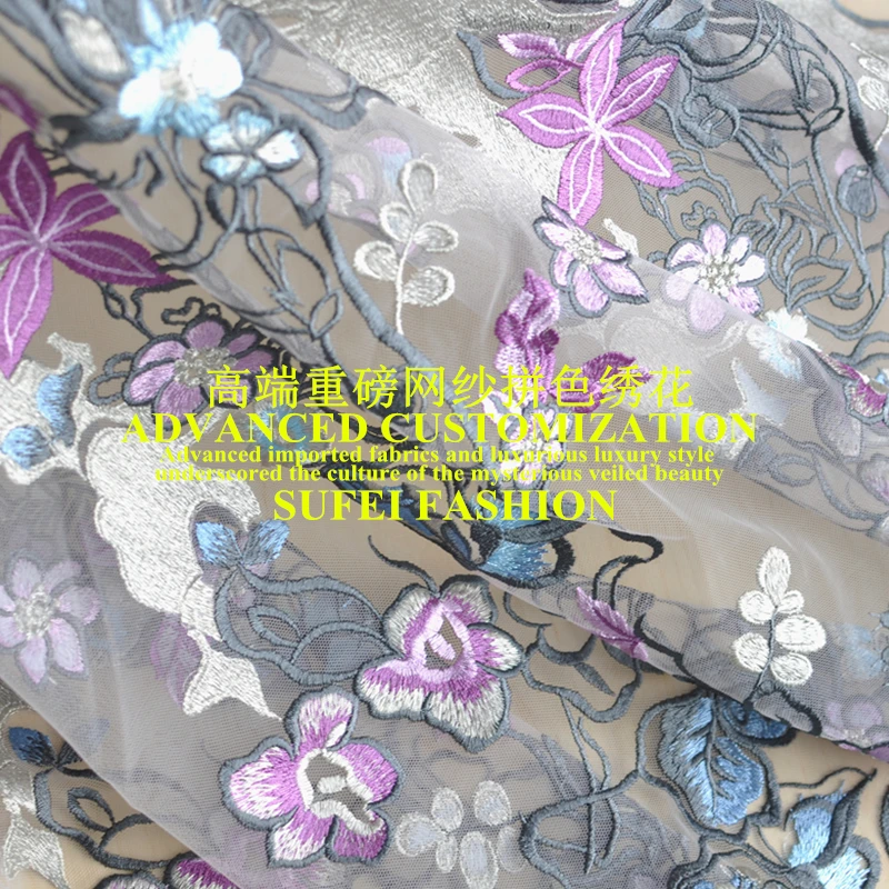 130cm bred lilla blå embroideried net blonde stof til bryllup aften kjole tøj, udsmykning af gården S004