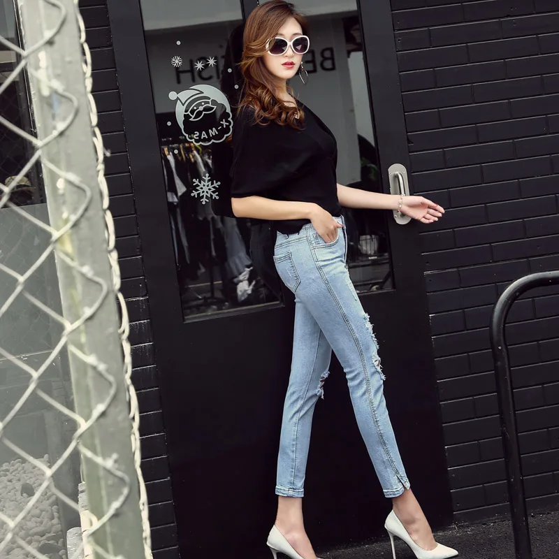 Vetevidi Høj talje jeans kvinder ni bukser nye koreanske version af hullet Slank pakke hip blyant bukser åbne gaffel fødder 9510#
