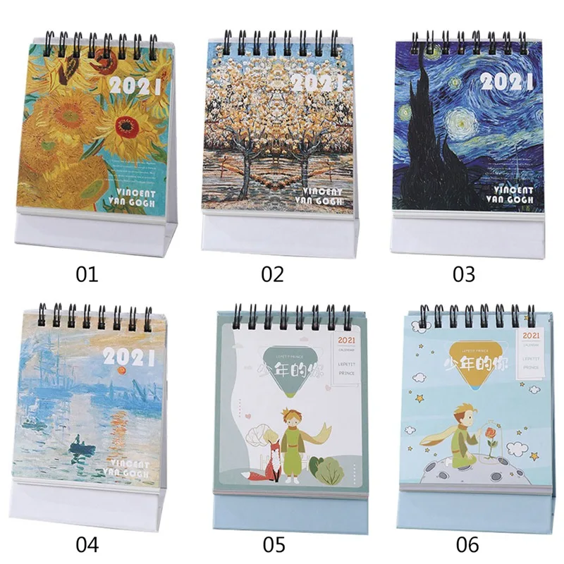 1 stk Mini-Kalender Olie Maleri Series Mini Desktop Kalender Retro B Maleri Kunst Spole Kalender 2020.09-2021.12