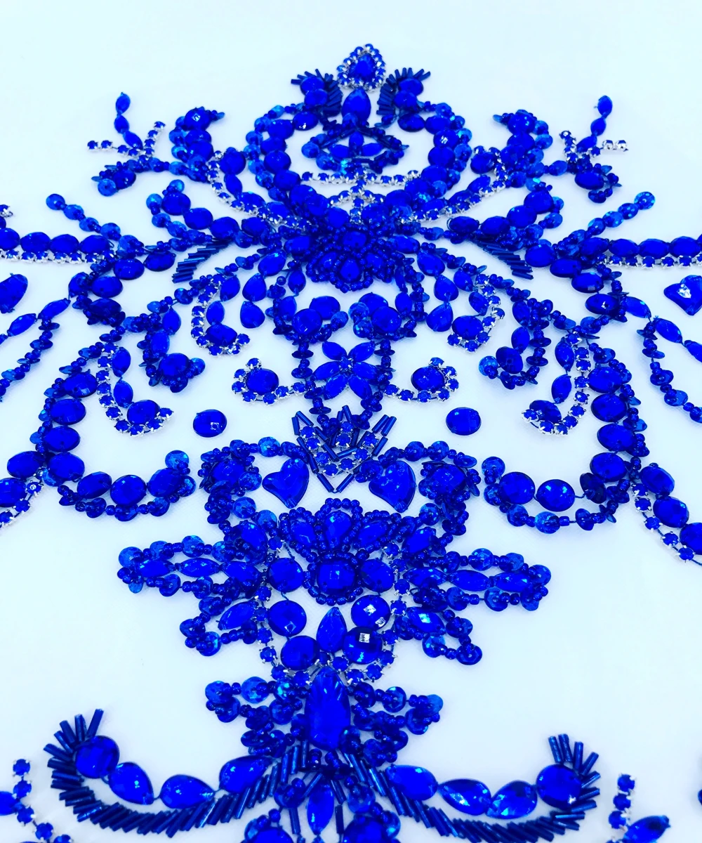 Sy på royalblue rhinestones applikeret på mesh 52*33cm patches trim for DIY kjole tilbehør