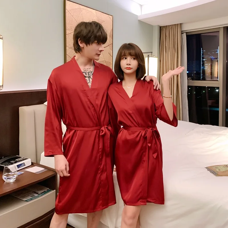 Kvinder, Mænd, Par Ensfarvet Faux Silke Satin Morgenkåbe Kort Kimono Kjole Nat Robe Sexet Mode Elskere Slåbrok