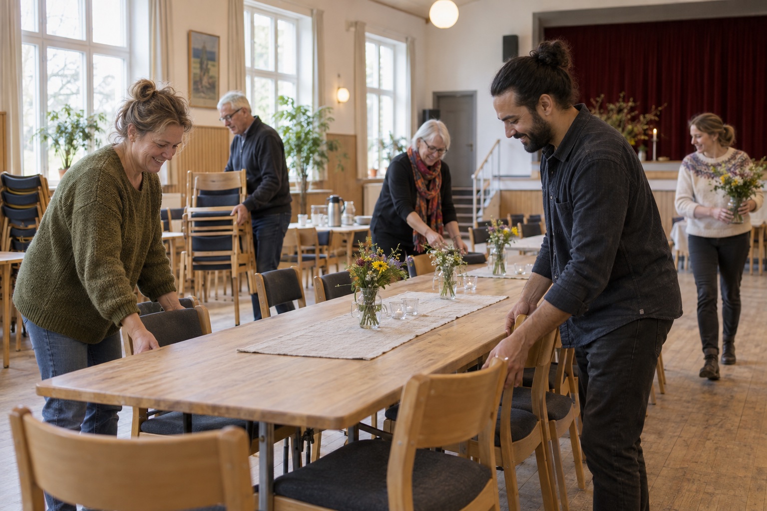 Mennesker samles omkring et bord i et lyst forsamlingslokale