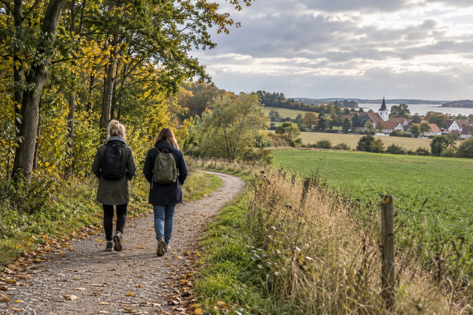 Sti gennem åbent dansk landskab i varmt eftermiddagslys